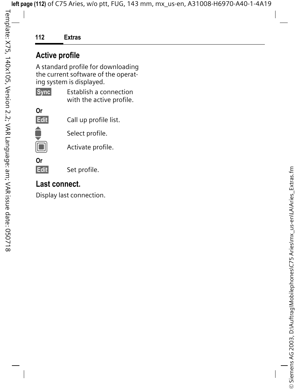 Active profile, Last connect | Siemens Gigaset 200 User Manual | Page 113 / 139