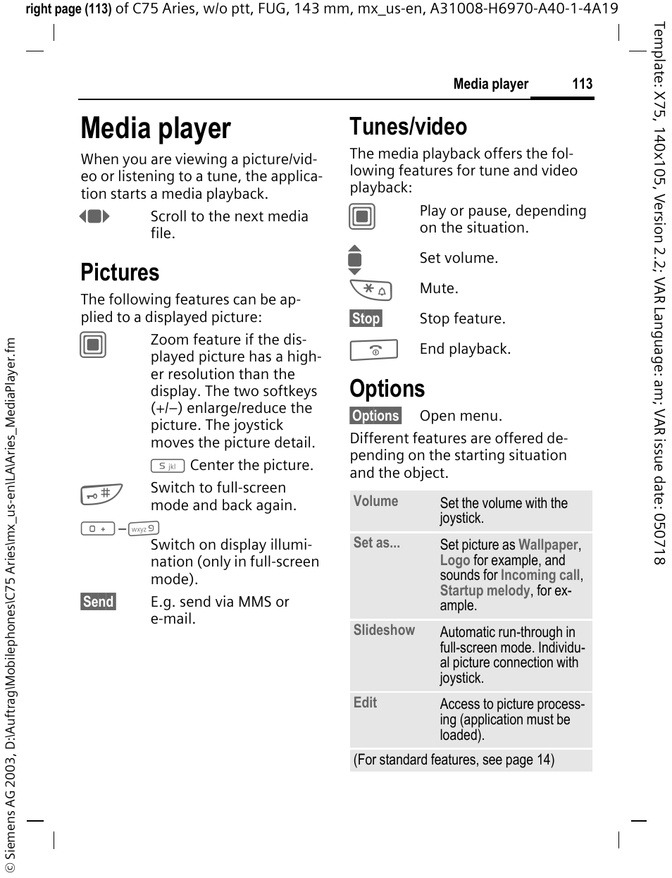 Media player, Pictures, Tunes/video | Options | Siemens Gigaset 200 User Manual | Page 114 / 139