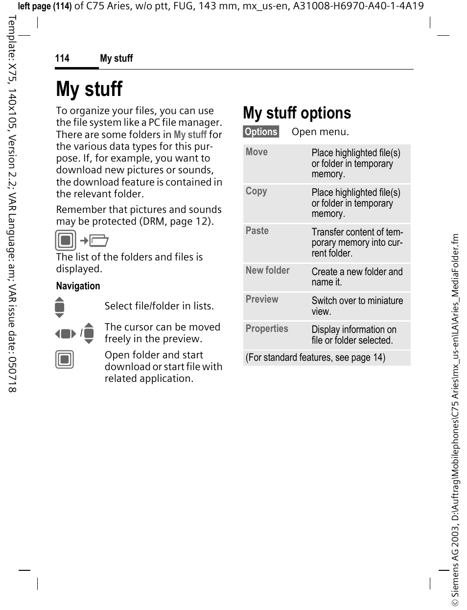 My stuff, Pictures (p. 114), My stuff options | Siemens Gigaset 200 User Manual | Page 115 / 139