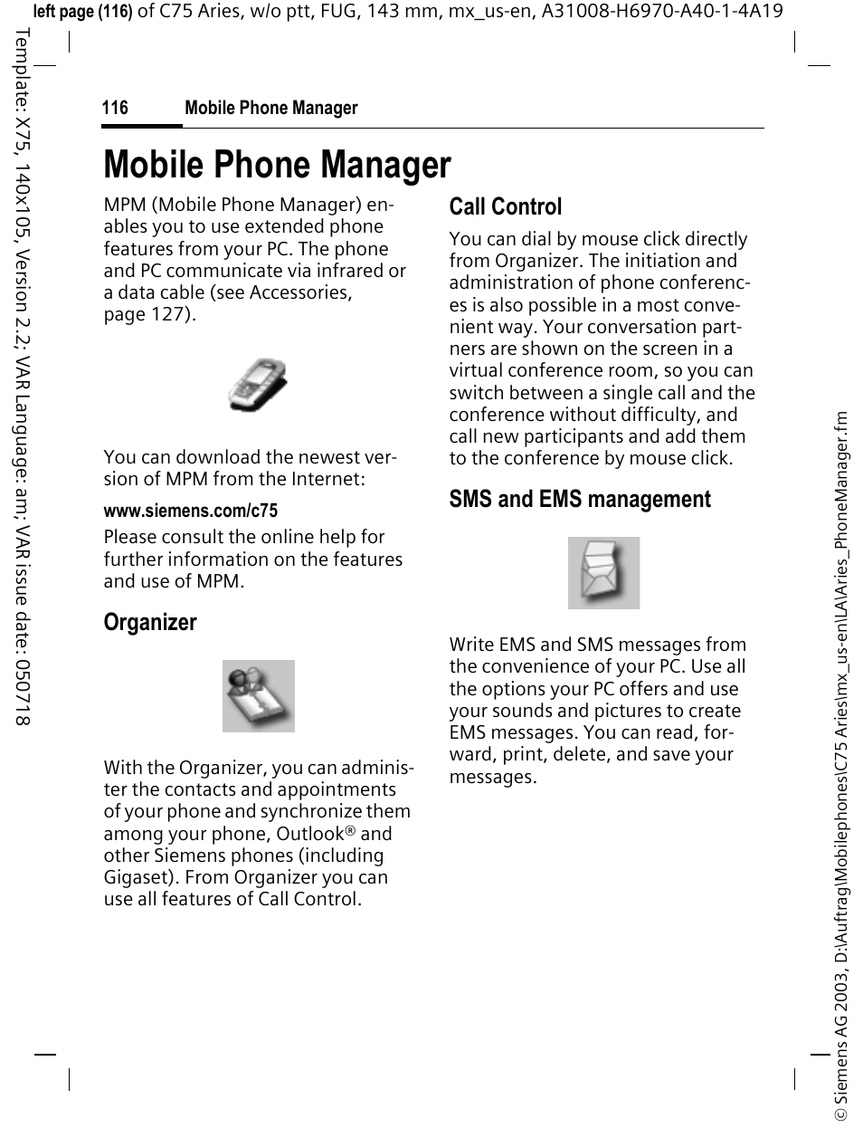 Mobile phone manager, Organizer, Call control | Sms and ems management | Siemens Gigaset 200 User Manual | Page 117 / 139