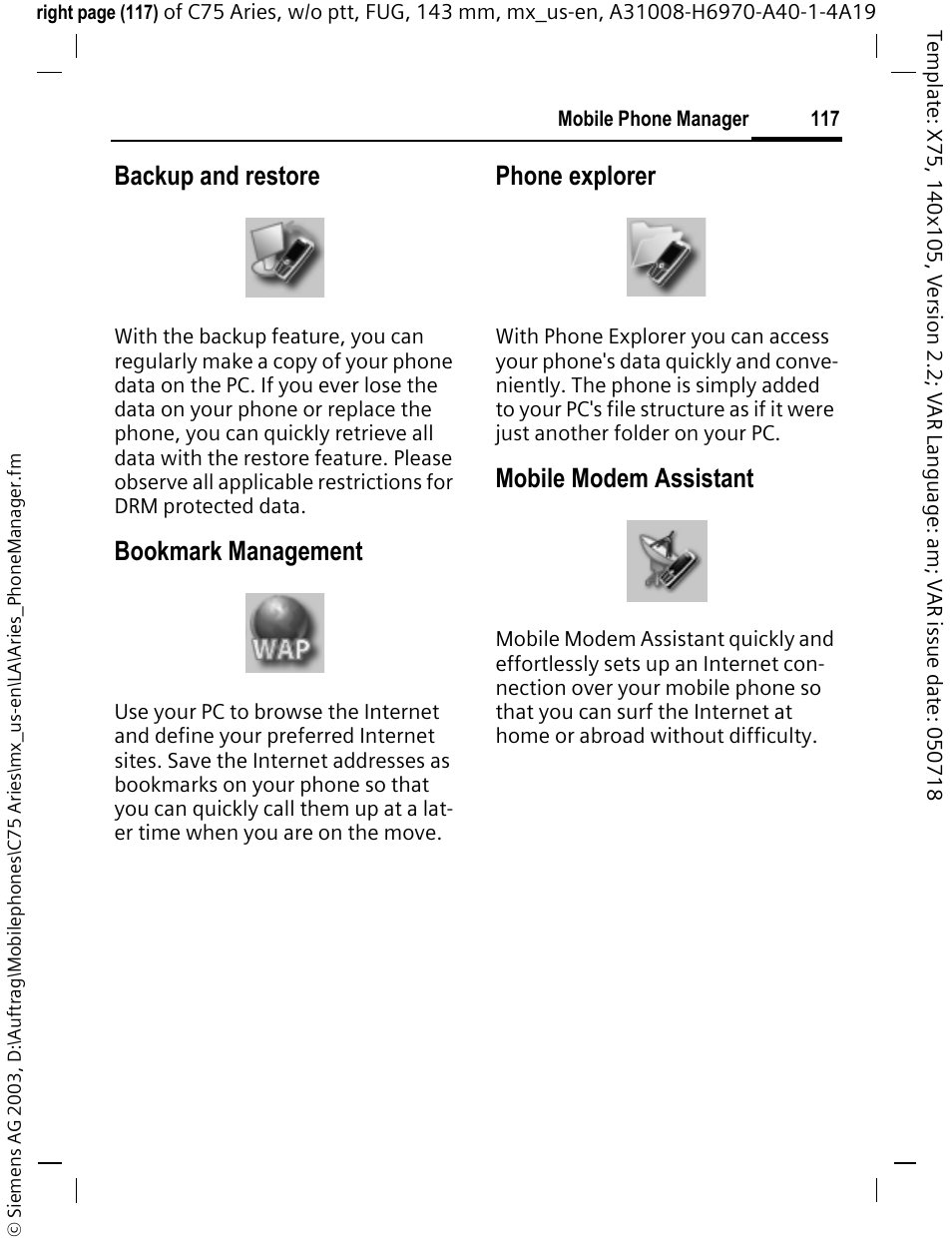 Backup and restore, Bookmark management, Phone explorer | Mobile modem assistant | Siemens Gigaset 200 User Manual | Page 118 / 139