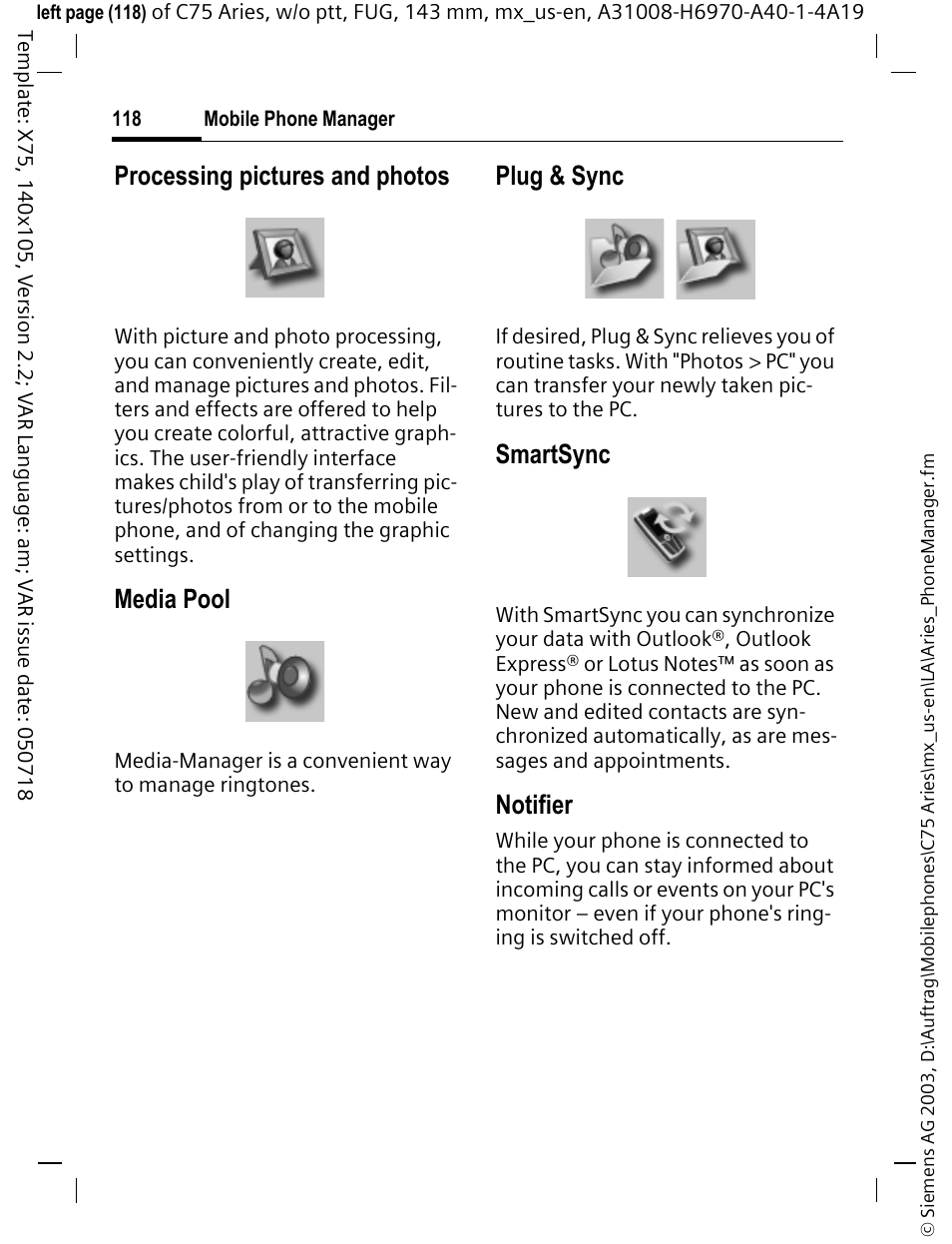 Processing pictures and photos, Media pool, Plug & sync | Smartsync, Notifier | Siemens Gigaset 200 User Manual | Page 119 / 139