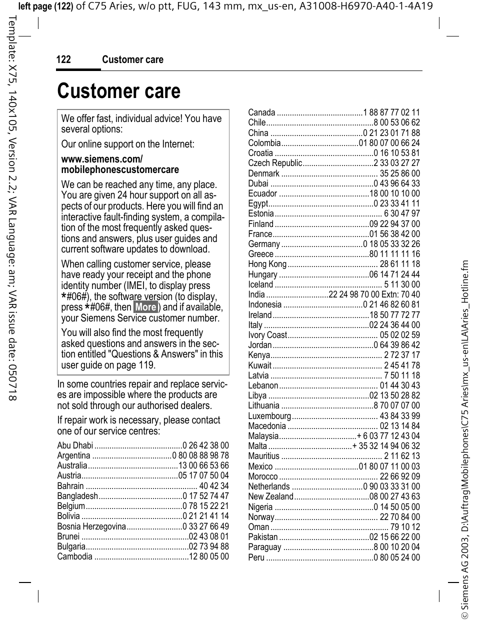 Customer care | Siemens Gigaset 200 User Manual | Page 123 / 139