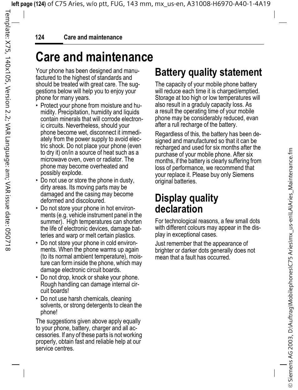 Care and maintenance, Battery quality statement, Display quality declaration | Siemens Gigaset 200 User Manual | Page 125 / 139