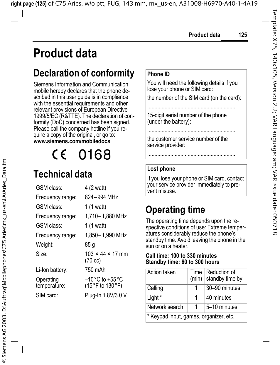 Product data, Declaration of conformity, Technical data operating time | Siemens Gigaset 200 User Manual | Page 126 / 139