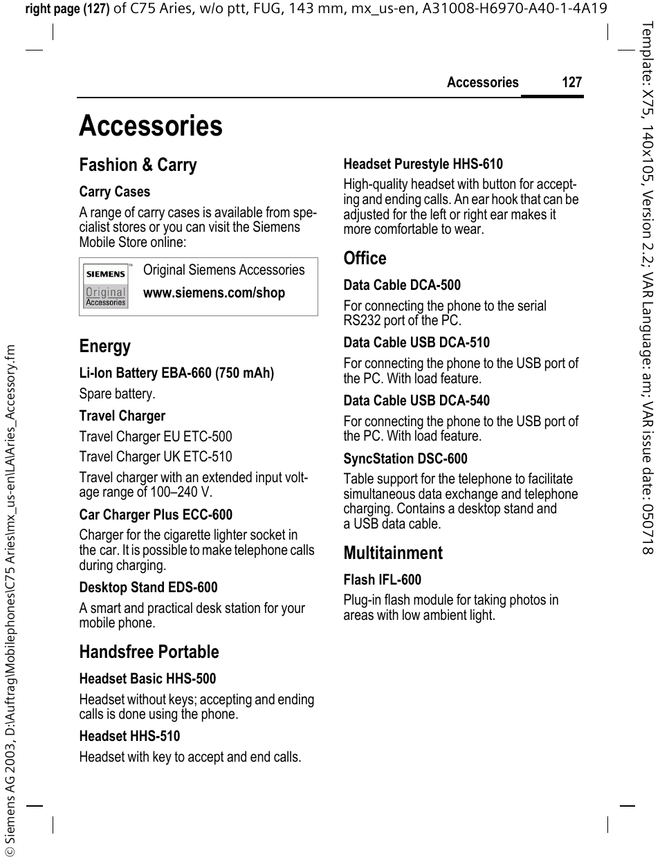 Accessories, Fashion & carry, Energy | Handsfree portable, Office, Multitainment | Siemens Gigaset 200 User Manual | Page 128 / 139