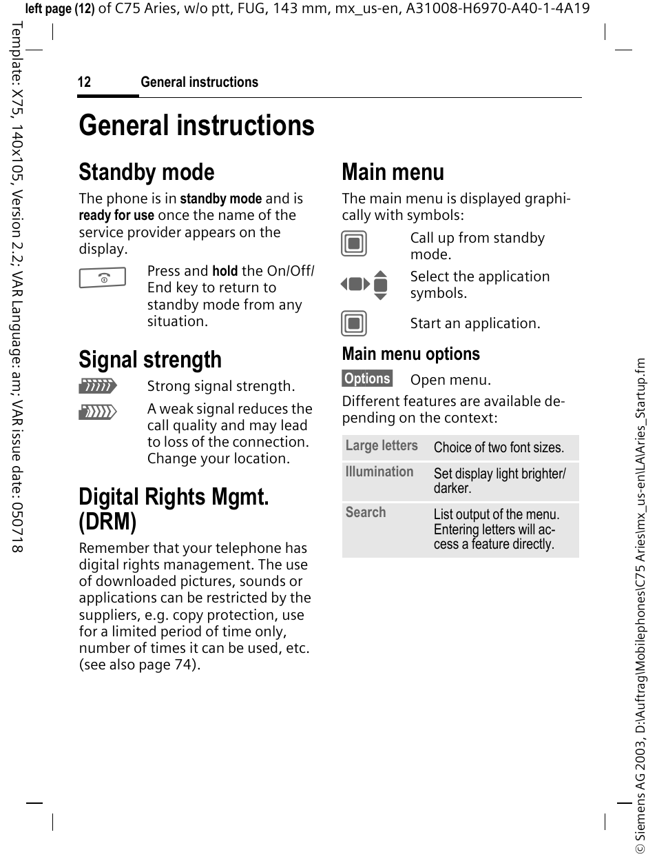 General instructions, Standby mode, Signal strength | Digital rights mgmt. (drm), Main menu | Siemens Gigaset 200 User Manual | Page 13 / 139