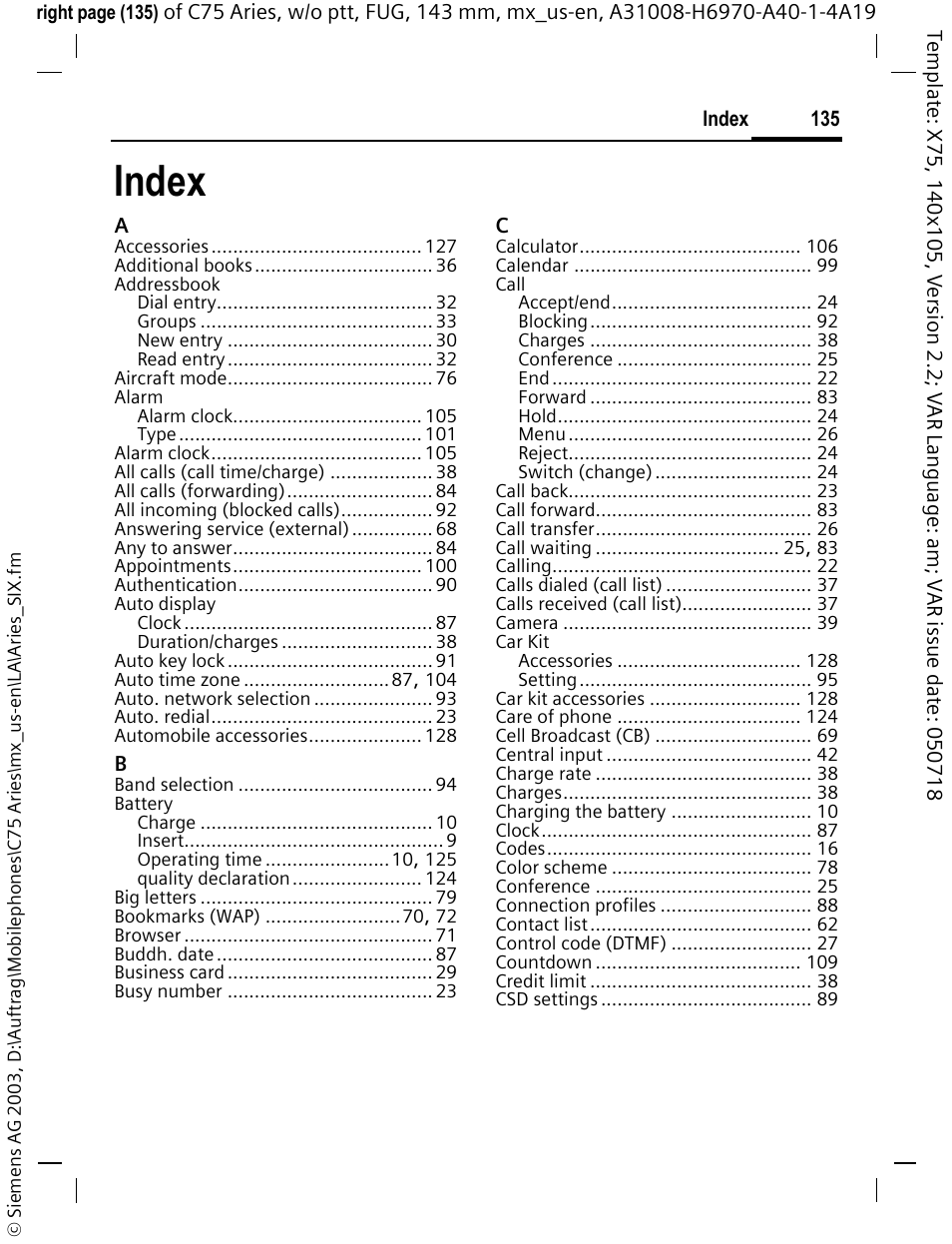 Index | Siemens Gigaset 200 User Manual | Page 136 / 139