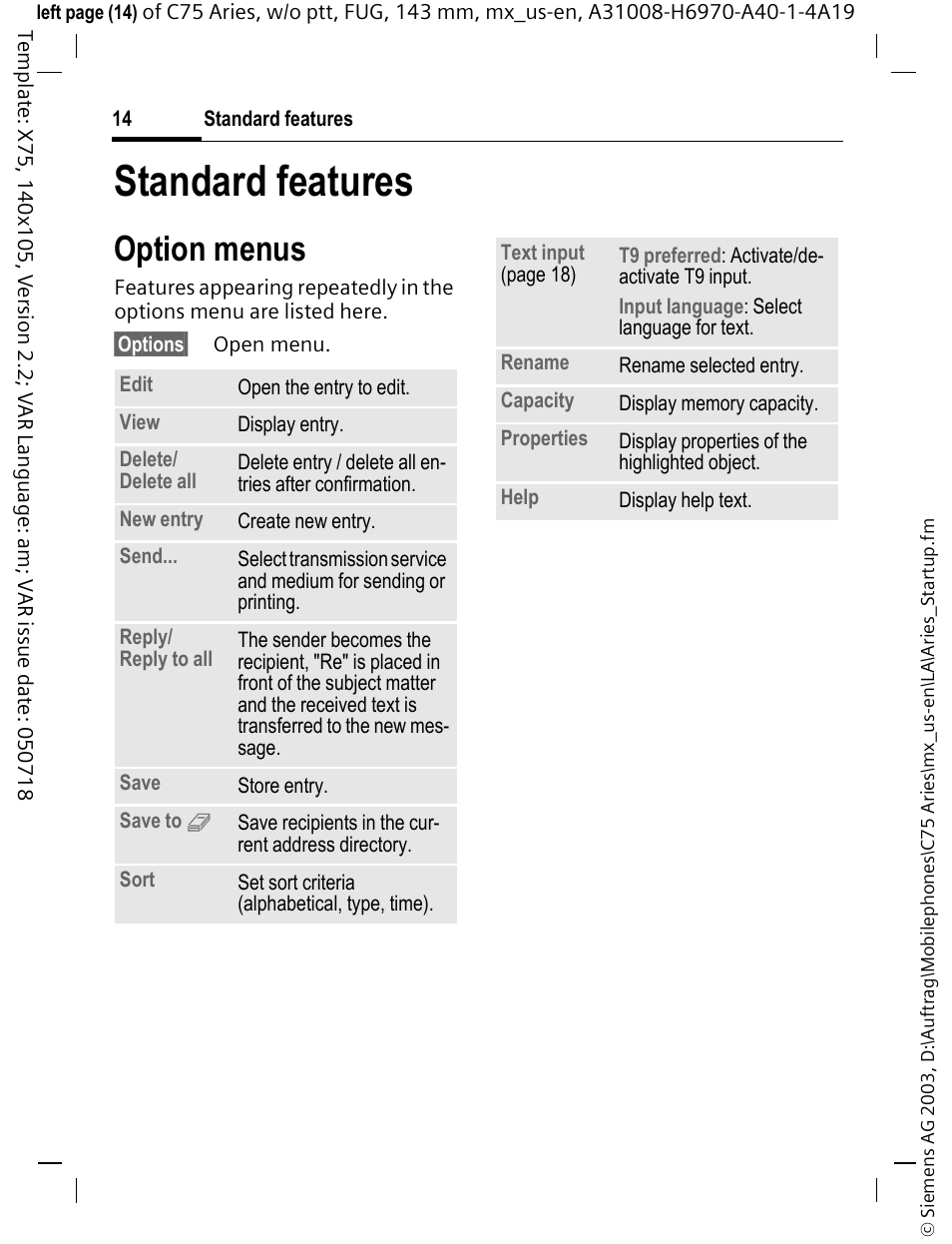 Standard features, Option menus | Siemens Gigaset 200 User Manual | Page 15 / 139