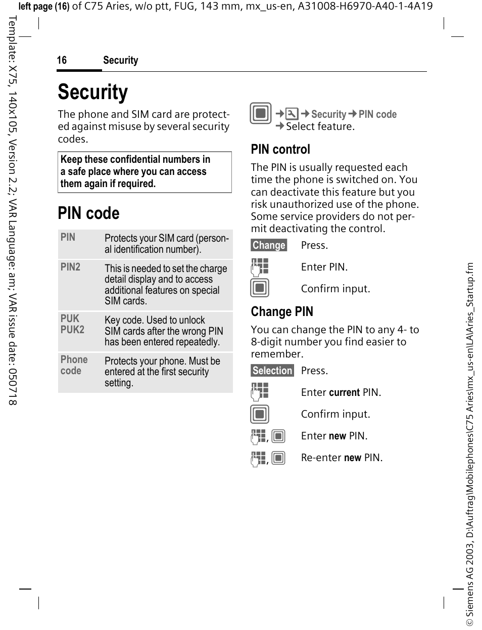 Security, Pin code | Siemens Gigaset 200 User Manual | Page 17 / 139