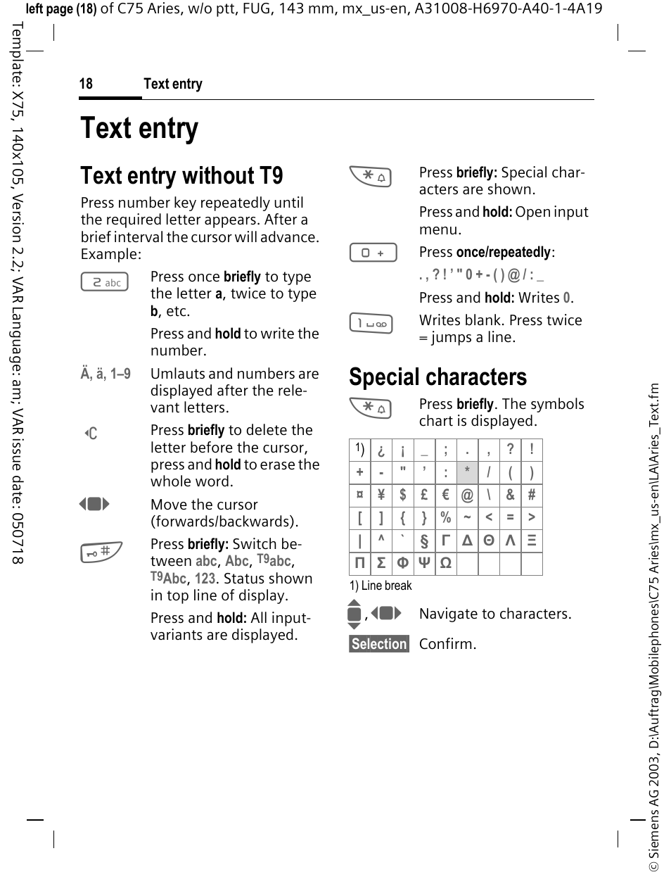 Text entry, Text entry without t9, Special characters | Siemens Gigaset 200 User Manual | Page 19 / 139