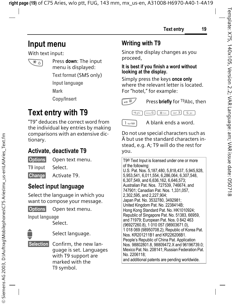 Input menu, Text entry with t9, Activate, deactivate t9 | Select input language, Writing with t9 | Siemens Gigaset 200 User Manual | Page 20 / 139