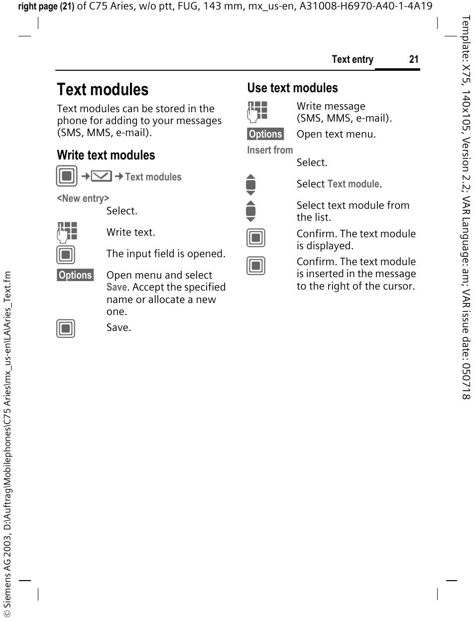 Text modules | Siemens Gigaset 200 User Manual | Page 22 / 139