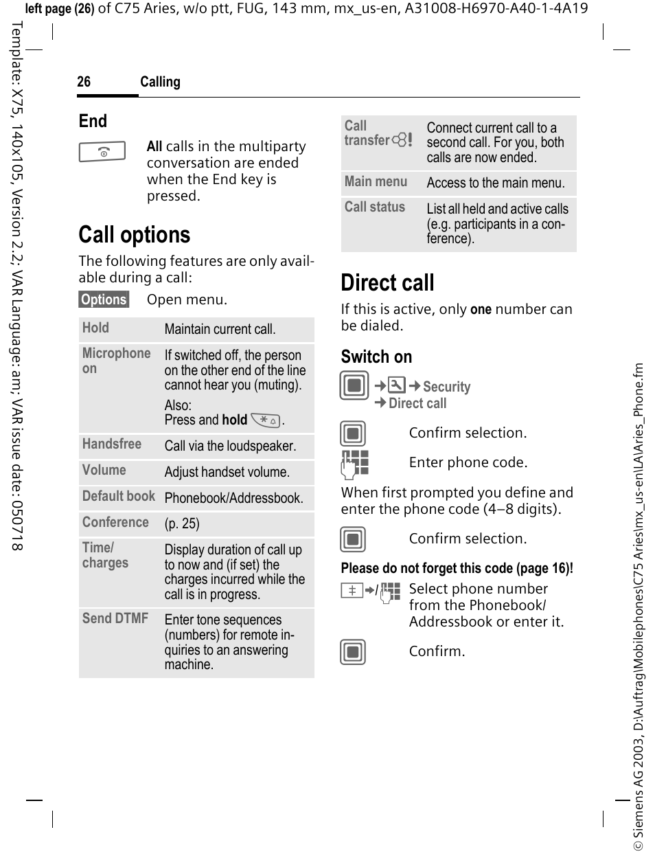 Call options, Direct call | Siemens Gigaset 200 User Manual | Page 27 / 139