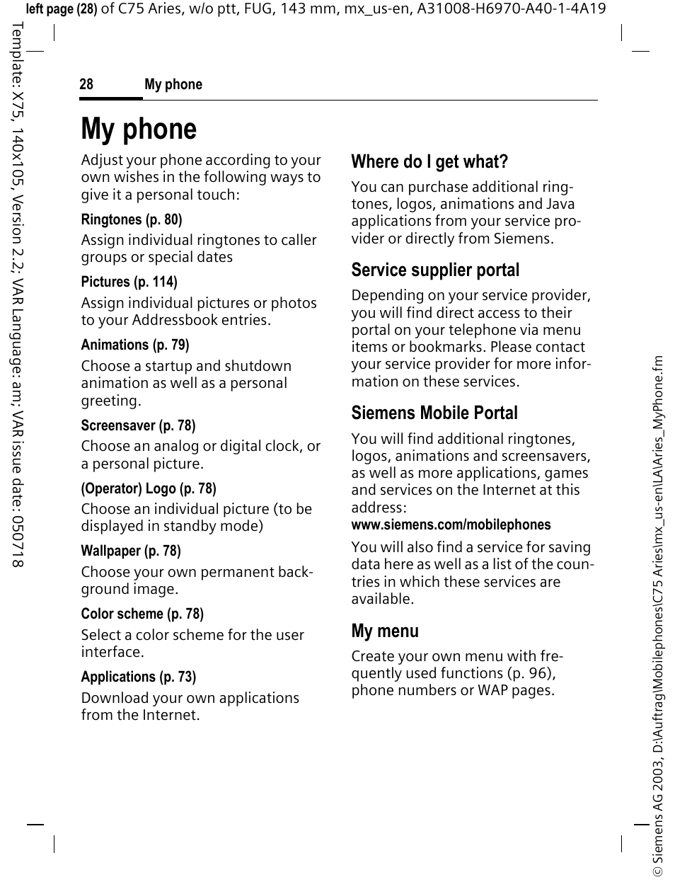 My phone, Where do i get what, Service supplier portal | Siemens mobile portal, My menu | Siemens Gigaset 200 User Manual | Page 29 / 139