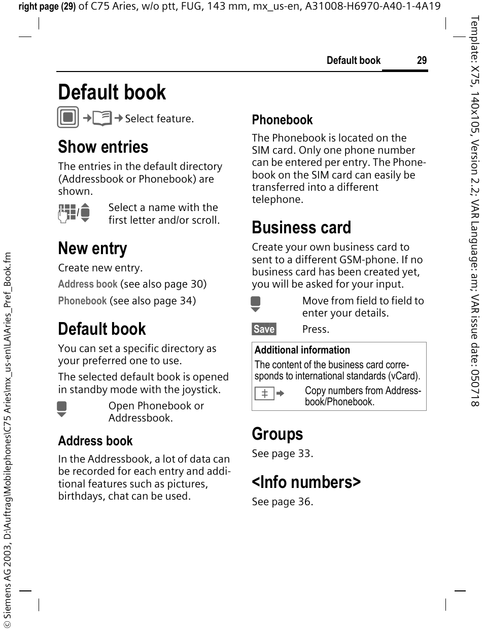 Default book, Default book c, Show entries | New entry, Business card, Groups, Info numbers | Siemens Gigaset 200 User Manual | Page 30 / 139