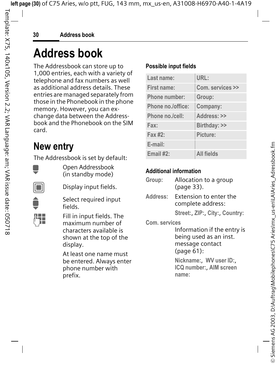 Address book, New entry | Siemens Gigaset 200 User Manual | Page 31 / 139
