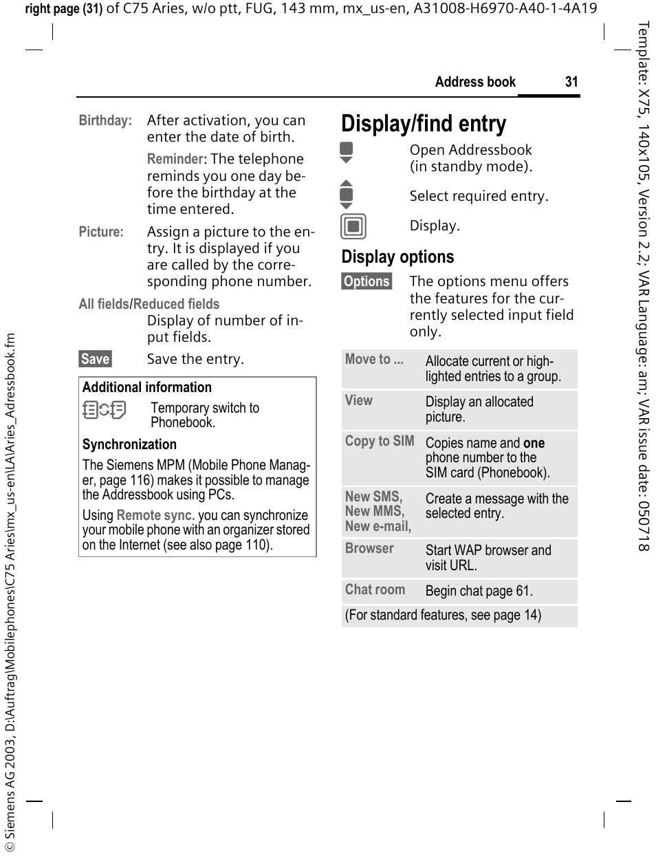 Display/find entry, Display options | Siemens Gigaset 200 User Manual | Page 32 / 139