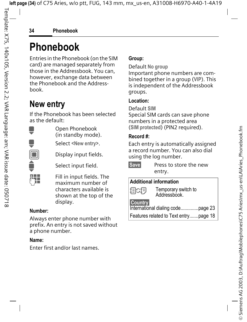 Phonebook, New entry | Siemens Gigaset 200 User Manual | Page 35 / 139