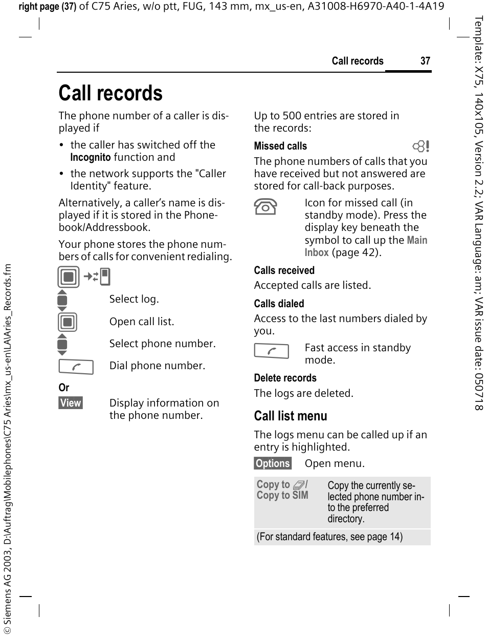 Call records | Siemens Gigaset 200 User Manual | Page 38 / 139