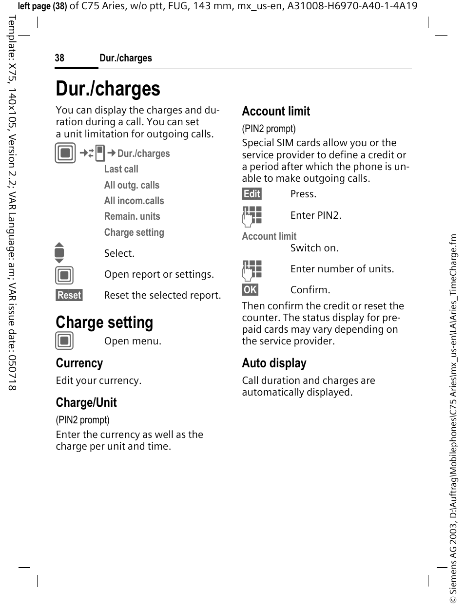 Dur./charges, Charge setting | Siemens Gigaset 200 User Manual | Page 39 / 139