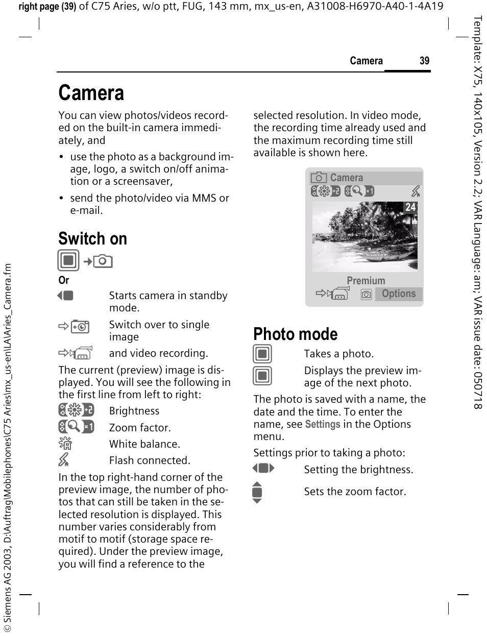 Camera, Photo mode, Switch on | Siemens Gigaset 200 User Manual | Page 40 / 139