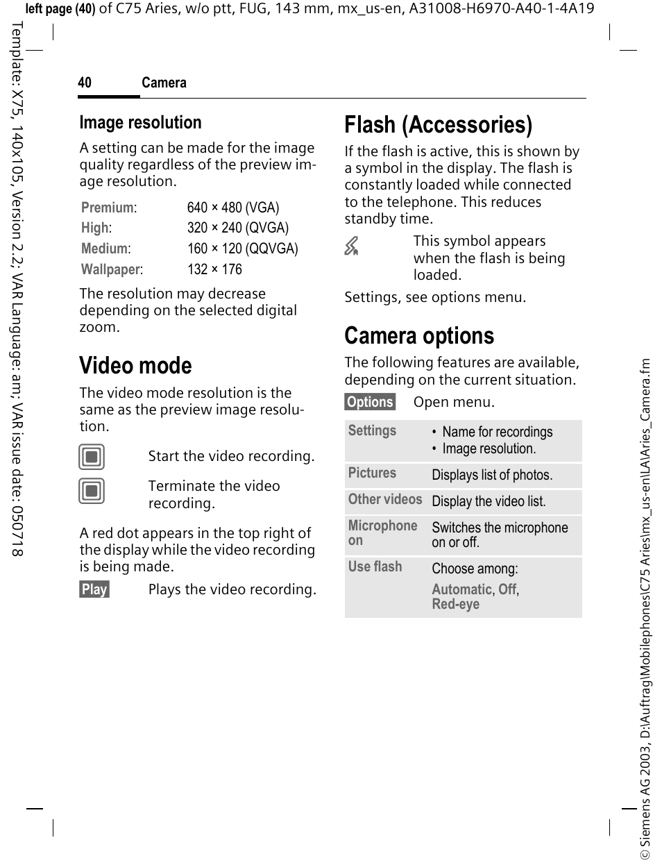 Video mode, Flash (accessories), Camera options | Image resolution | Siemens Gigaset 200 User Manual | Page 41 / 139