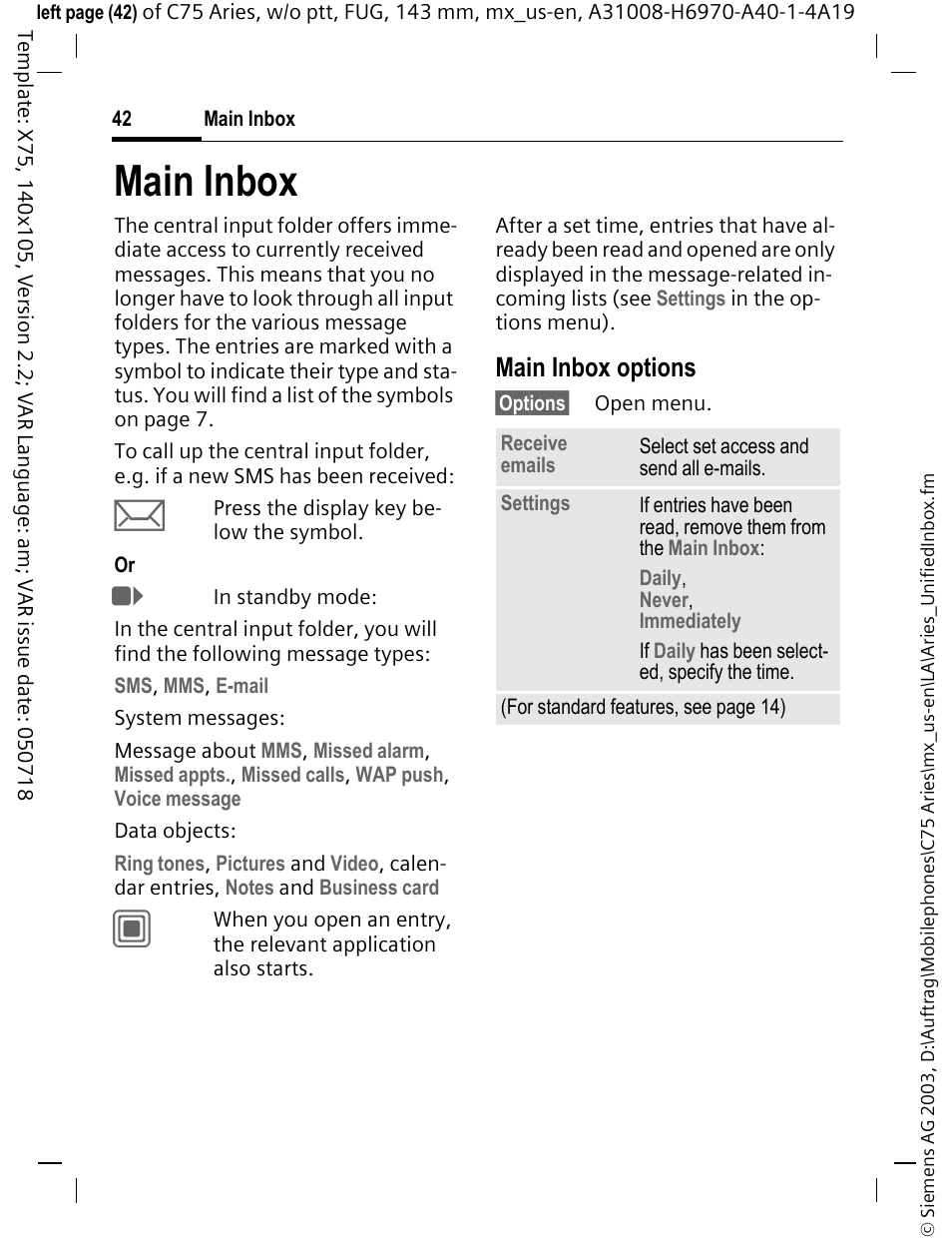 Main inbox, Main inbox options | Siemens Gigaset 200 User Manual | Page 43 / 139