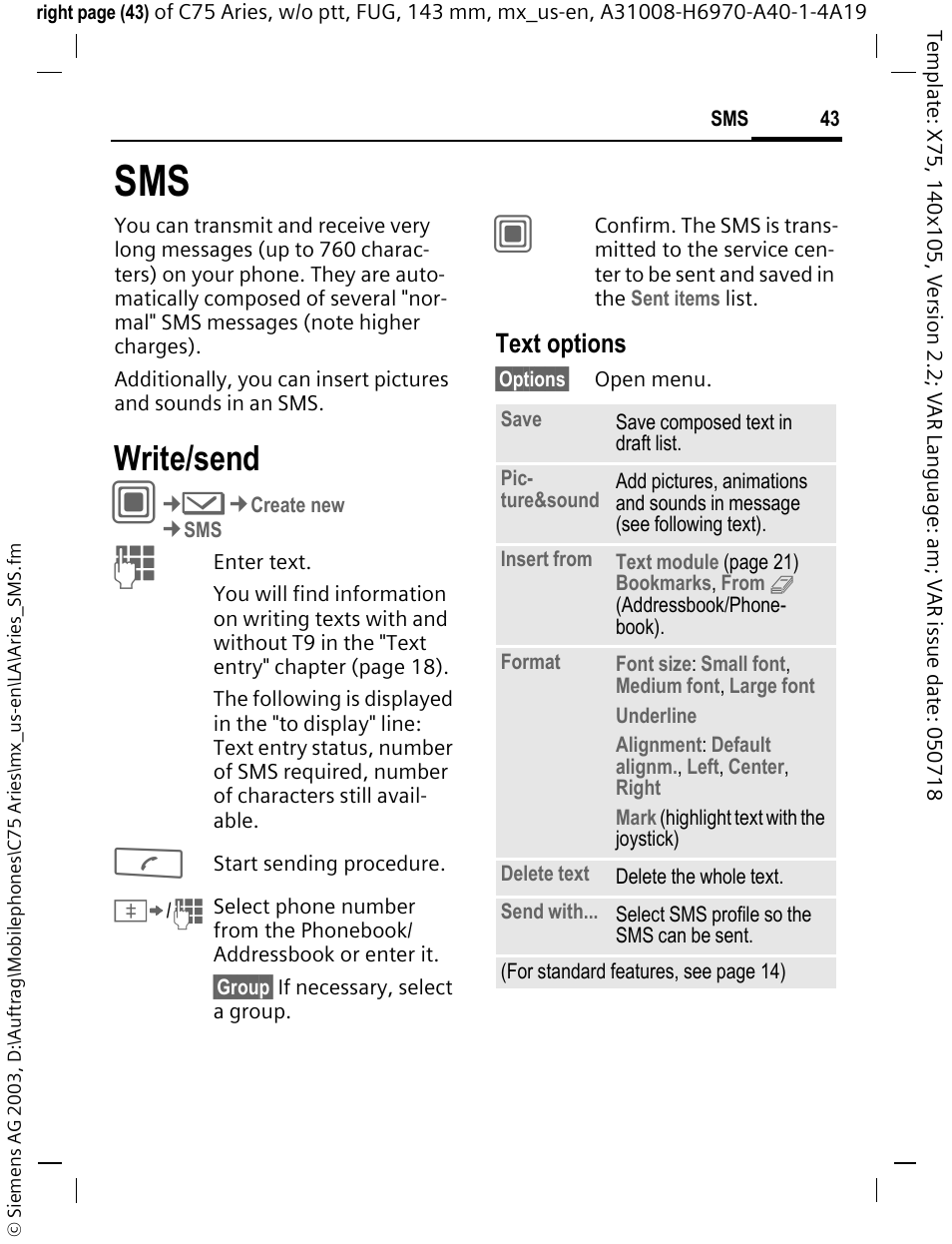 Write/send, Text options | Siemens Gigaset 200 User Manual | Page 44 / 139