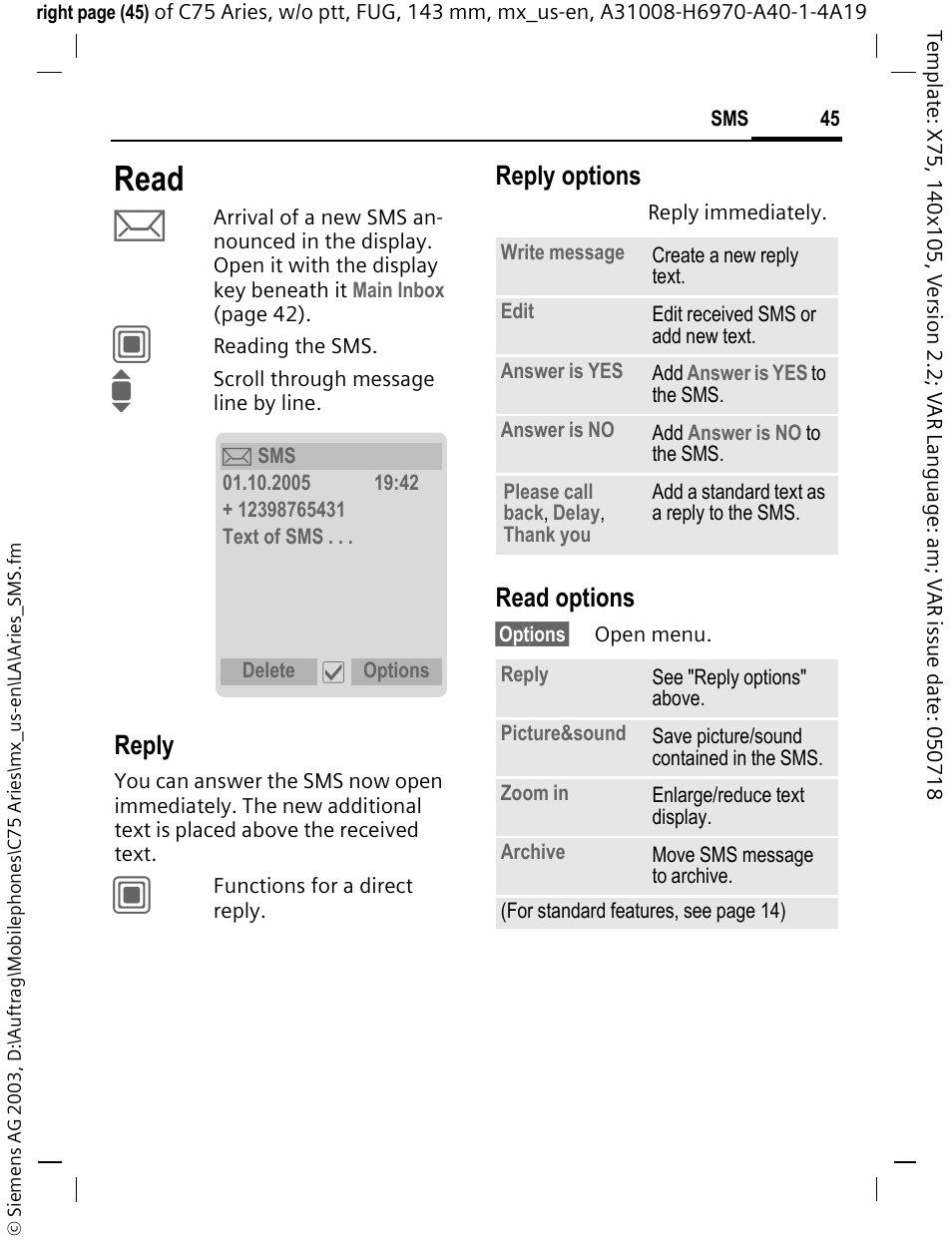 Read, Reply, Reply options | Read options | Siemens Gigaset 200 User Manual | Page 46 / 139