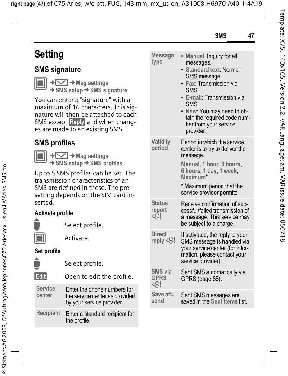 Setting, Sms signature, Sms profiles | Siemens Gigaset 200 User Manual | Page 48 / 139