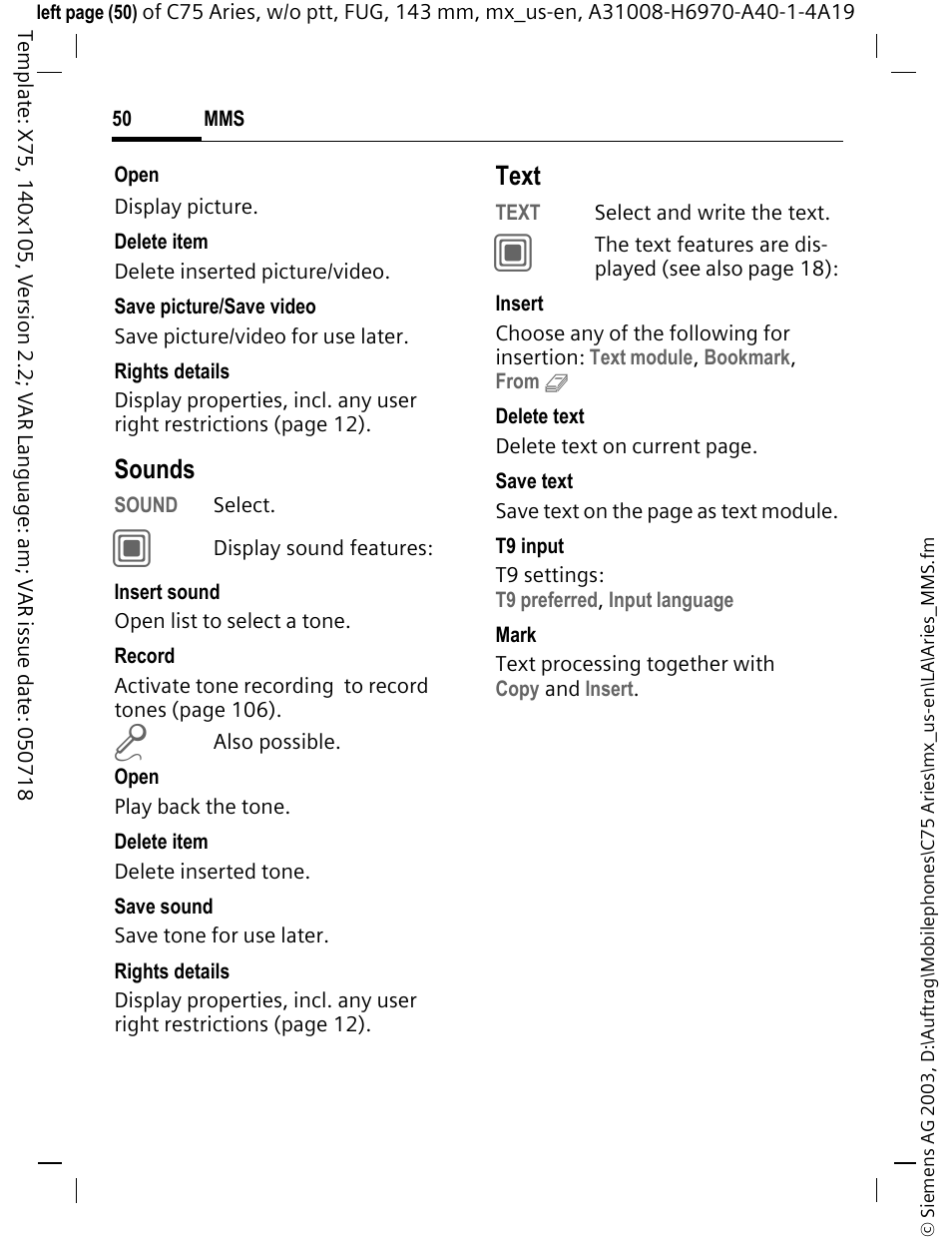 Sounds, Text | Siemens Gigaset 200 User Manual | Page 51 / 139