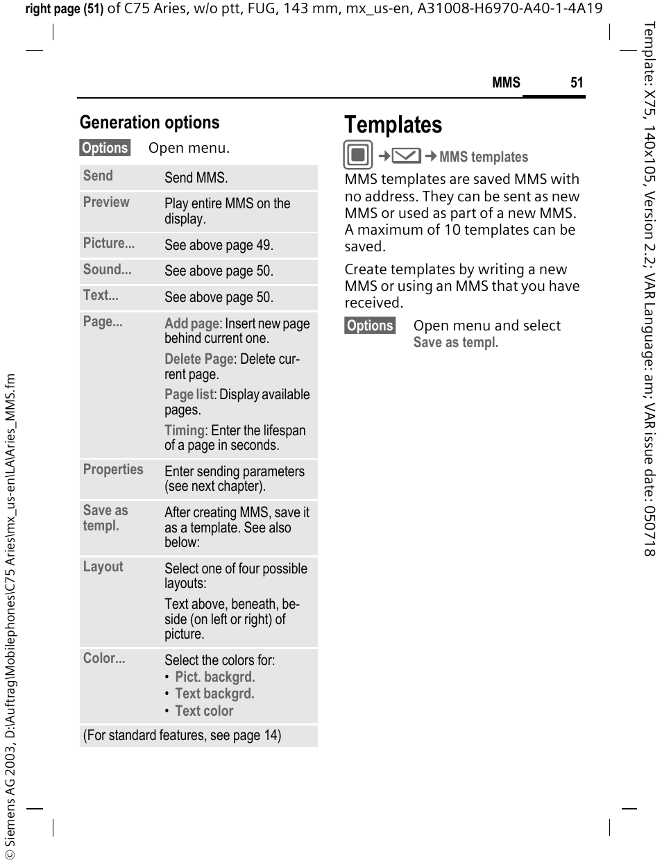 Templates, Generation options | Siemens Gigaset 200 User Manual | Page 52 / 139