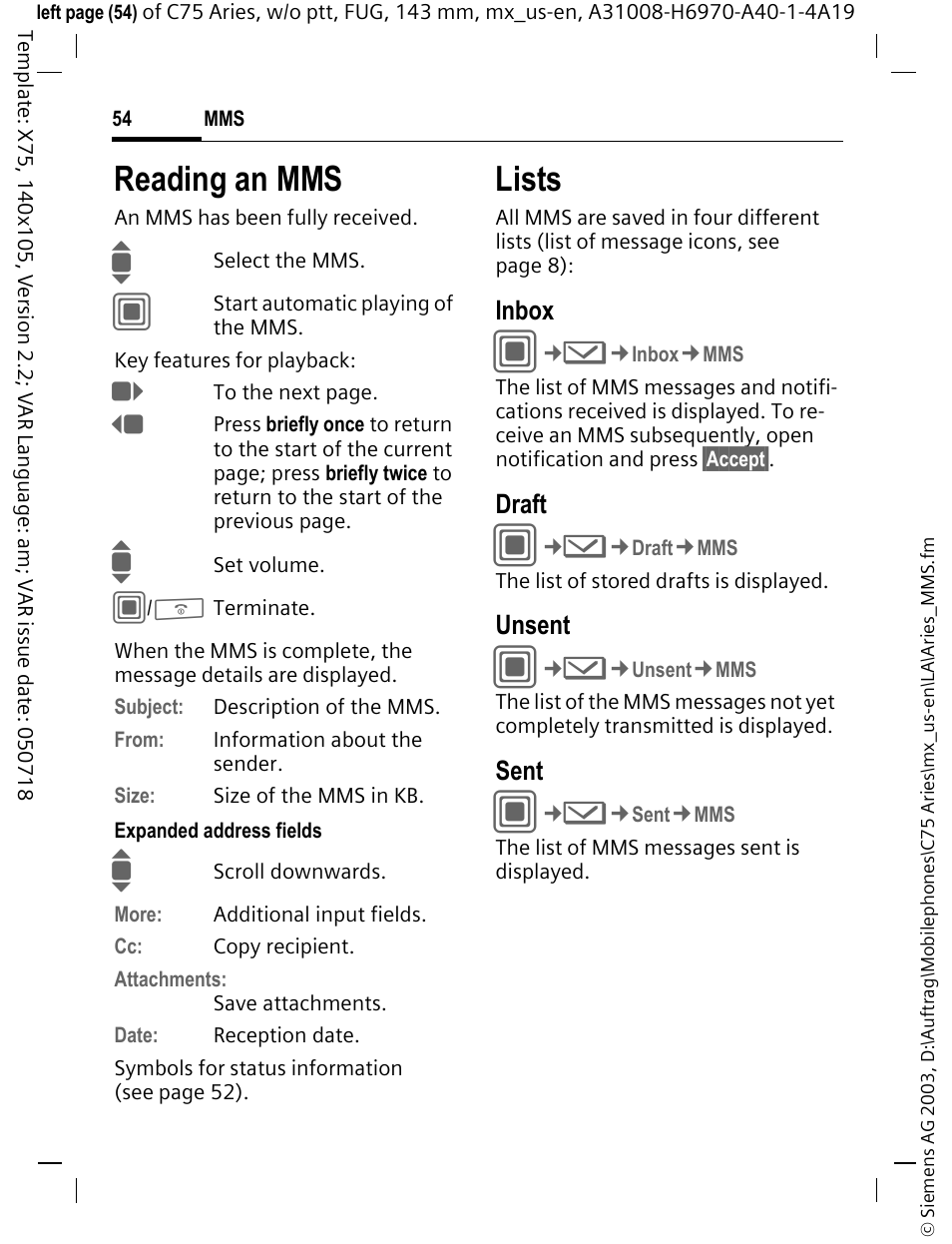 Reading an mms, Lists | Siemens Gigaset 200 User Manual | Page 55 / 139