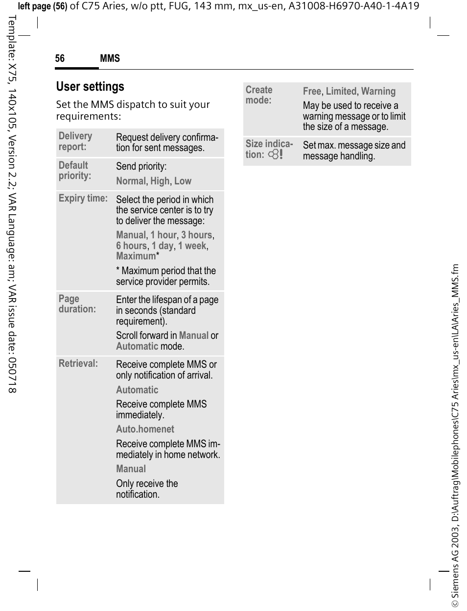 User settings | Siemens Gigaset 200 User Manual | Page 57 / 139