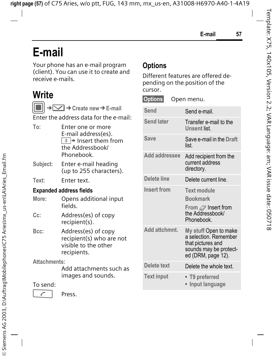 E-mail, Write, Options | Siemens Gigaset 200 User Manual | Page 58 / 139