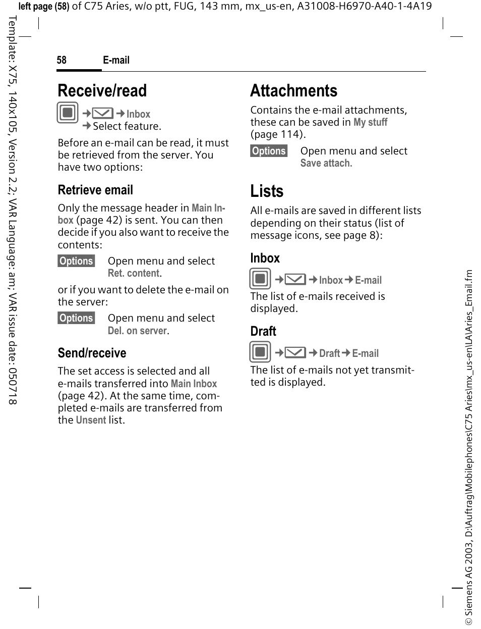 Receive/read, Attachments, Lists | Siemens Gigaset 200 User Manual | Page 59 / 139