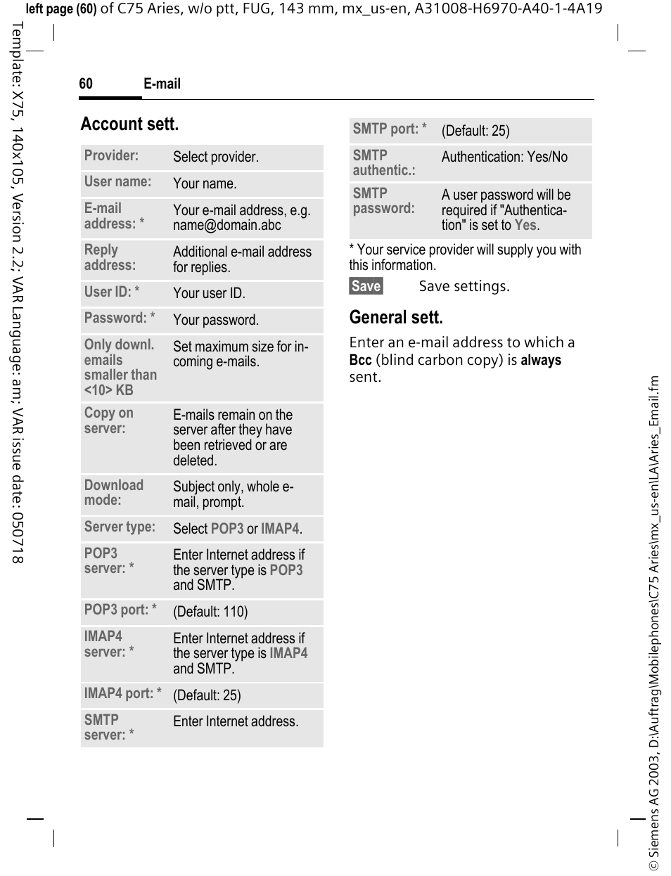 Account sett, General sett | Siemens Gigaset 200 User Manual | Page 61 / 139