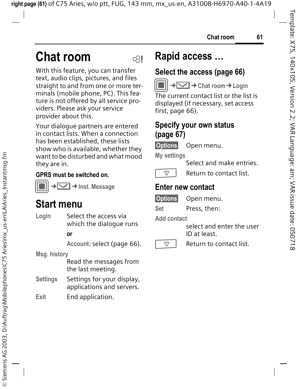 Chat room b, Start menu, Chat room | Rapid access | Siemens Gigaset 200 User Manual | Page 62 / 139