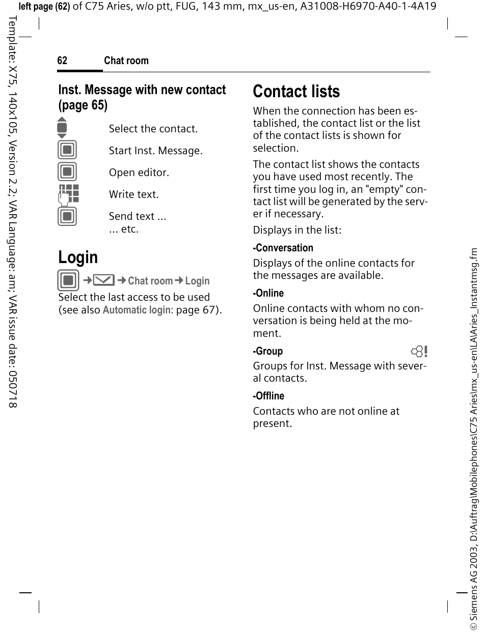 Login, Contact lists | Siemens Gigaset 200 User Manual | Page 63 / 139