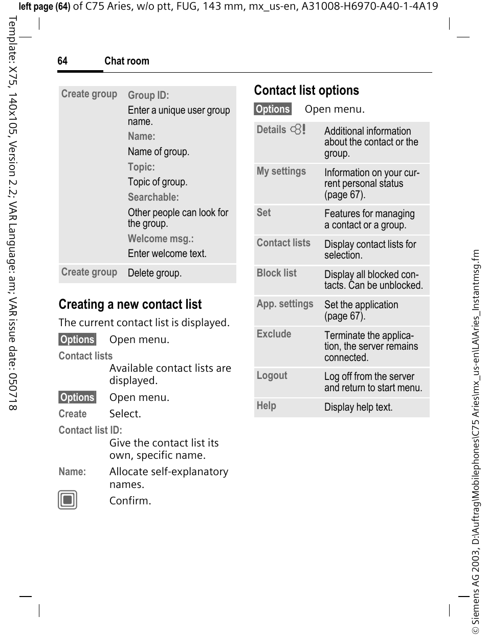 Creating a new contact list, Contact list options | Siemens Gigaset 200 User Manual | Page 65 / 139