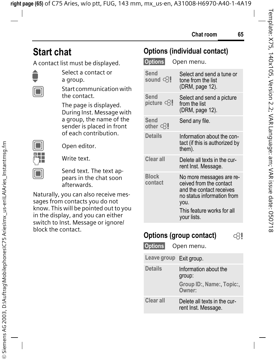 Start chat, Options (individual contact), Options (group contact) b | Siemens Gigaset 200 User Manual | Page 66 / 139