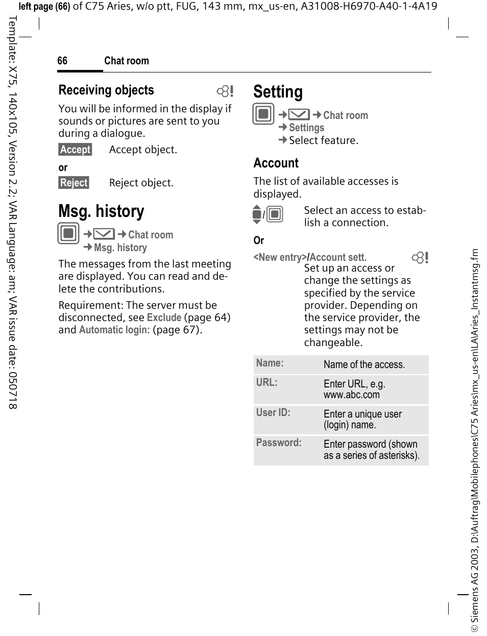 Msg. history, Setting | Siemens Gigaset 200 User Manual | Page 67 / 139