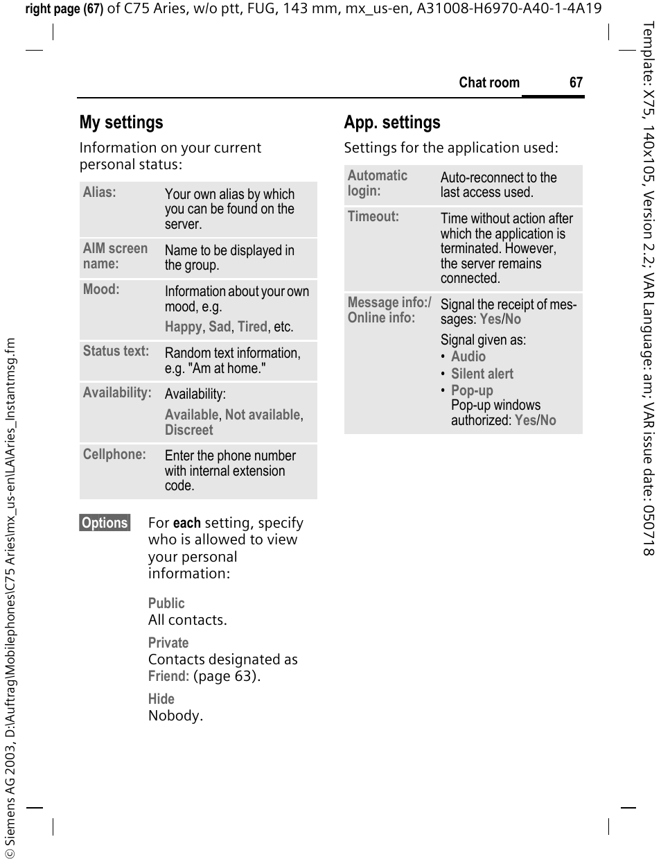 My settings, App. settings | Siemens Gigaset 200 User Manual | Page 68 / 139