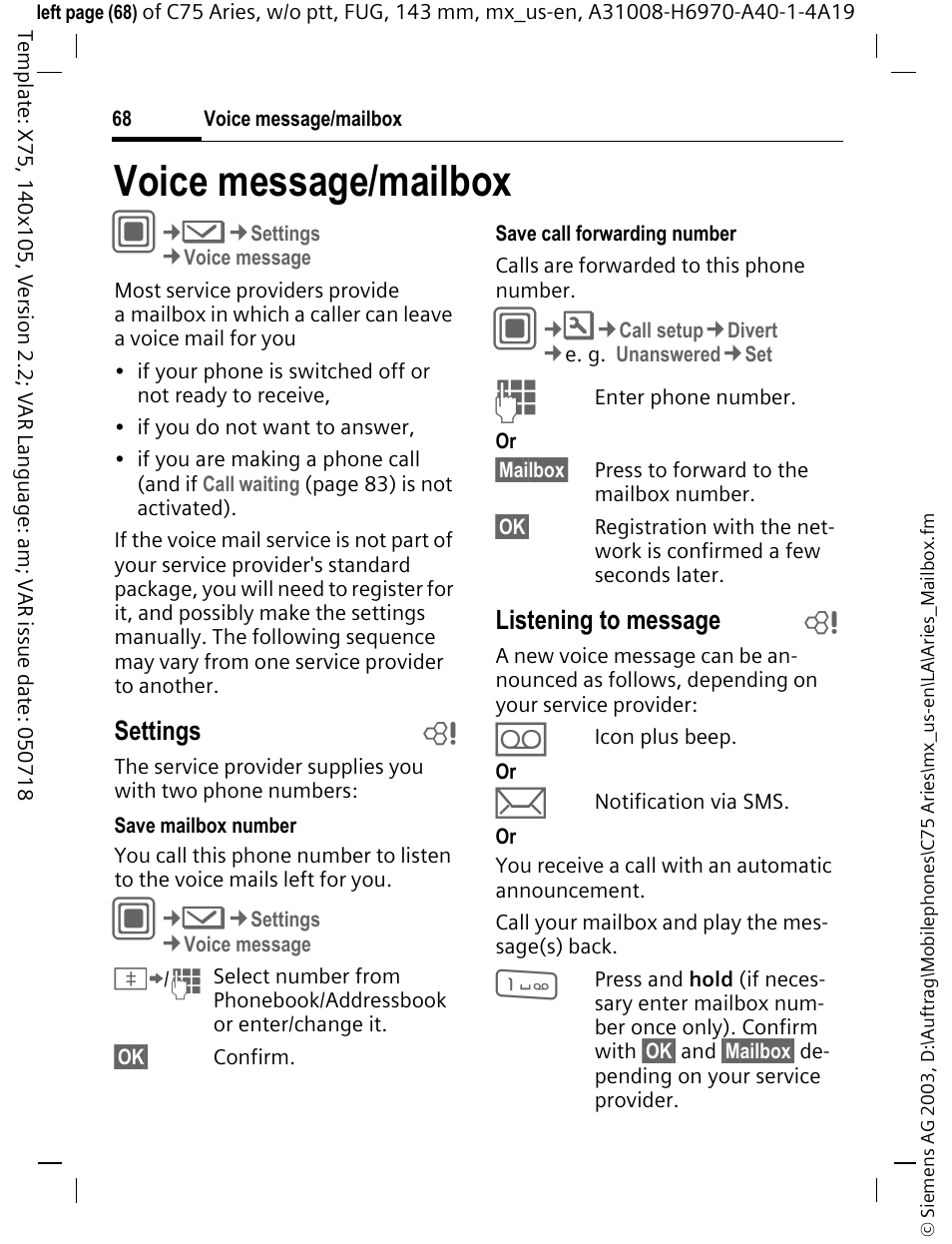 Voice message/mailbox, Voice message/mailbox c | Siemens Gigaset 200 User Manual | Page 69 / 139