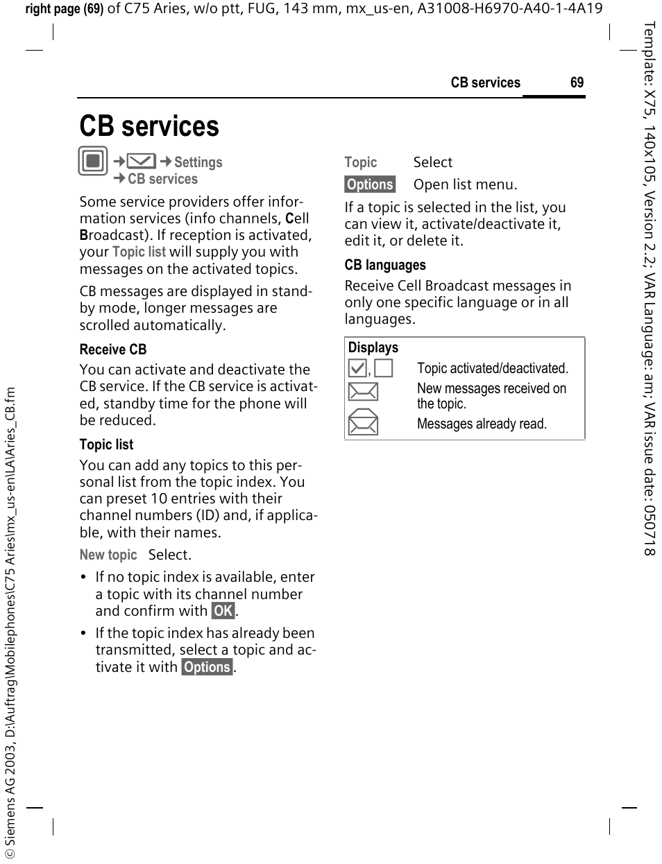 Cb services, Cb services c | Siemens Gigaset 200 User Manual | Page 70 / 139