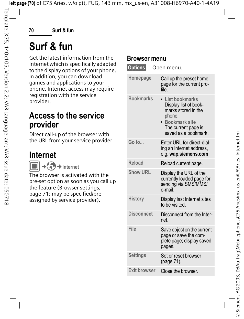 Surf & fun, Internet, Access to the service provider | Browser menu | Siemens Gigaset 200 User Manual | Page 71 / 139