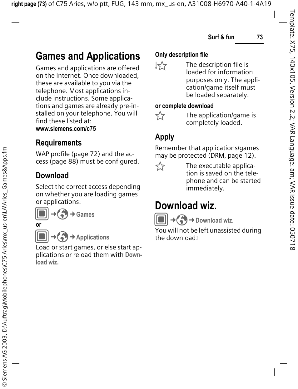 Games and applications, Download wiz, Applications (p. 73) | Siemens Gigaset 200 User Manual | Page 74 / 139