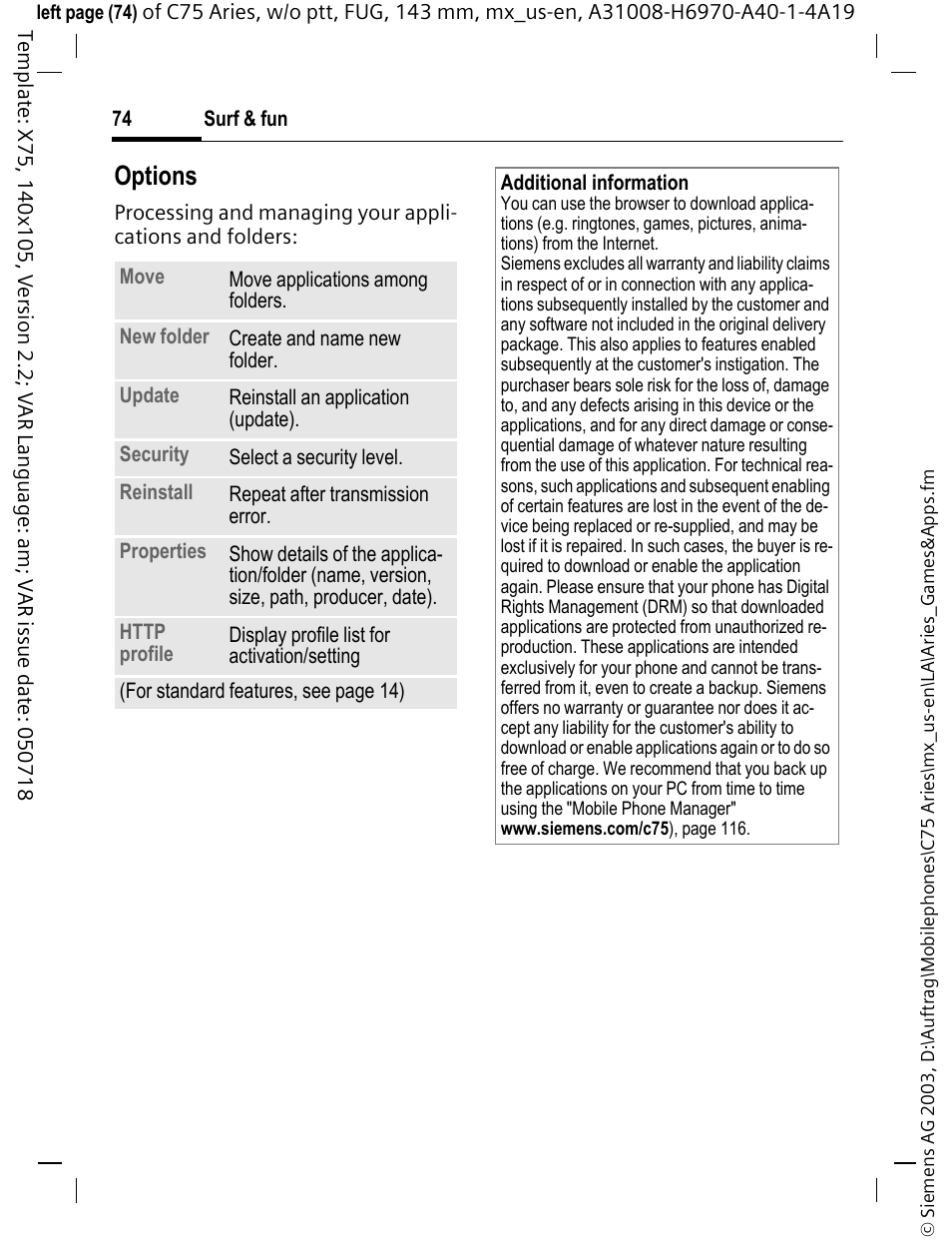 Options | Siemens Gigaset 200 User Manual | Page 75 / 139