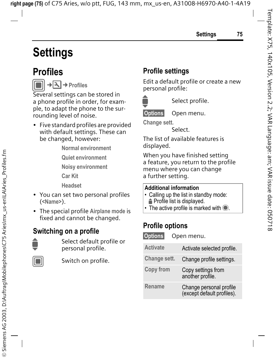 Settings, Profiles | Siemens Gigaset 200 User Manual | Page 76 / 139